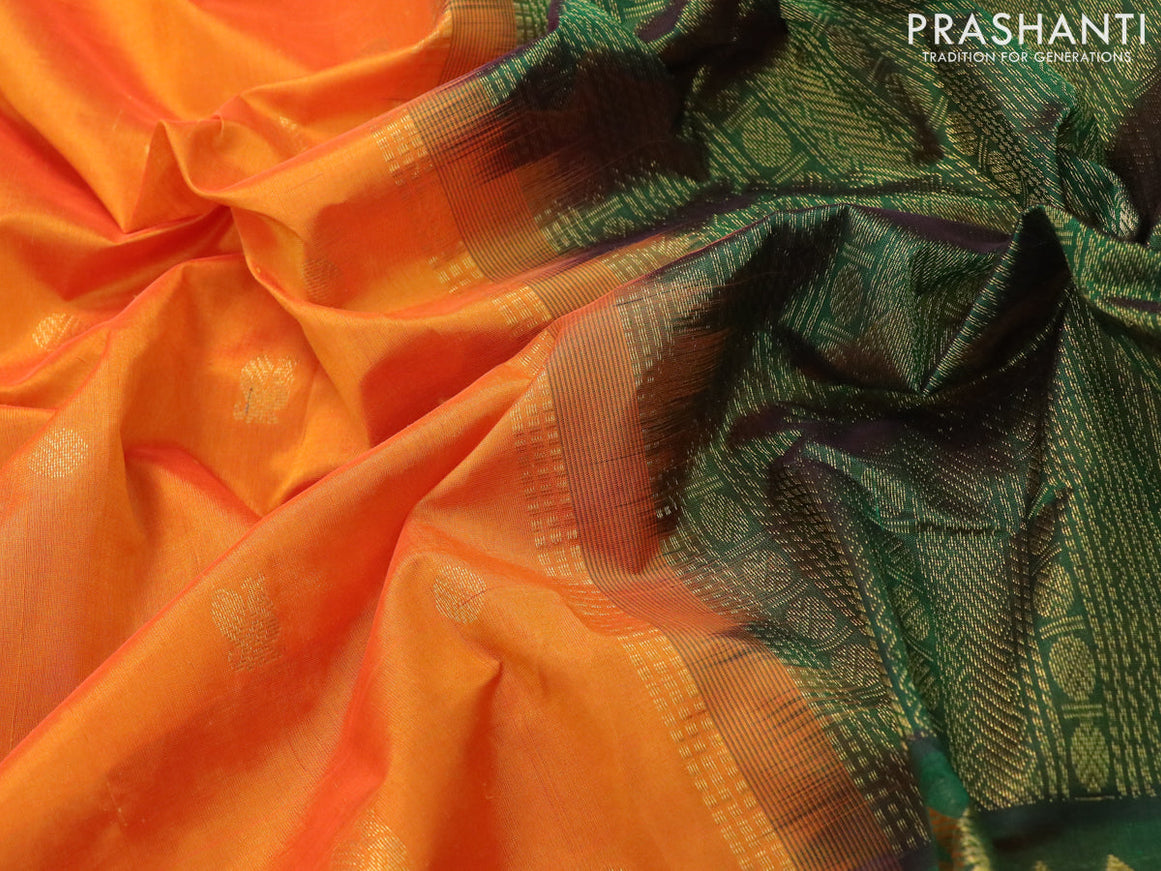 10 yards silk cotton saree dual shade of mango yellow and bottle green with annam & rudhraksha zari woven buttas and rettapet zari woven butta border without blouse