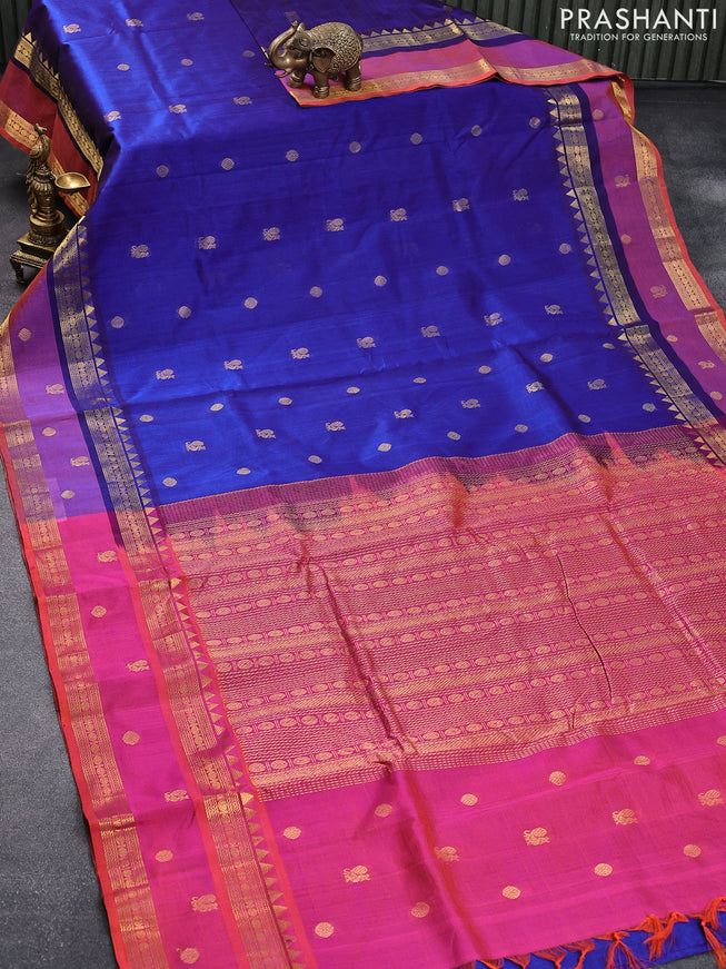 10 yards silk cotton saree dark blue and dual shade of pink with annam & rudhraksha zari woven buttas and rettapet zari woven butta border without blouse
