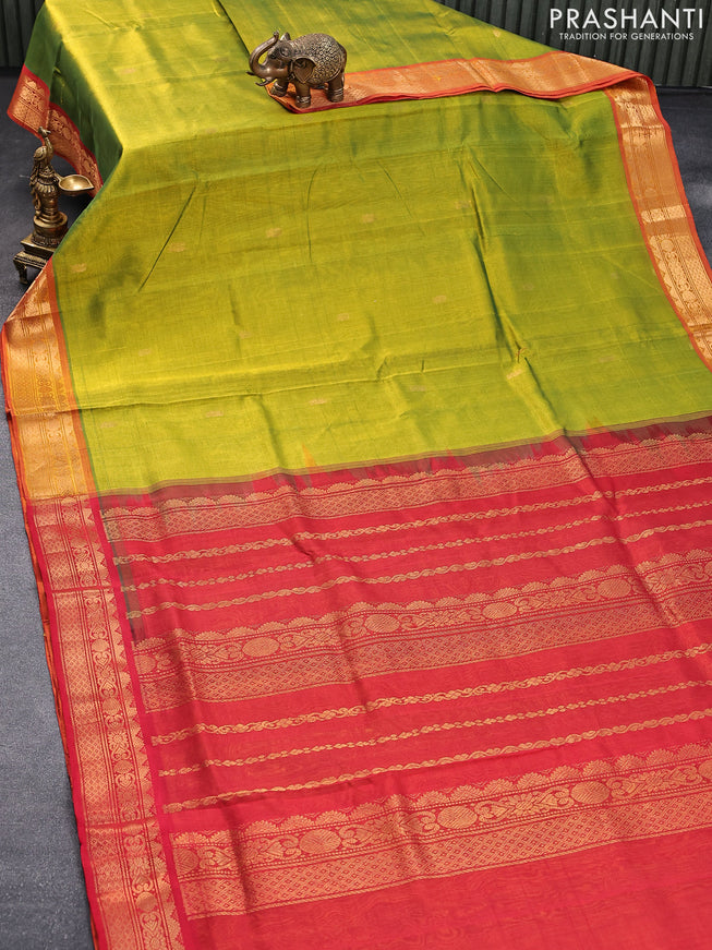 10 yards silk cotton saree dual shade of mustard green and red with annam & rudhraksha zari woven buttas and zari woven border without blouse