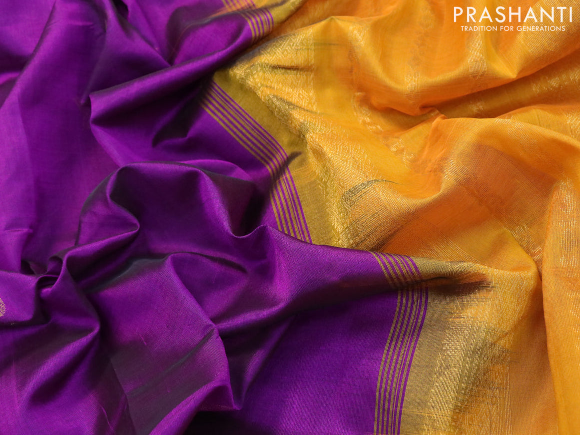 10 yards silk cotton saree purple and mustard yellow with annam & rudhraksha zari woven buttas and zari woven border without blouse
