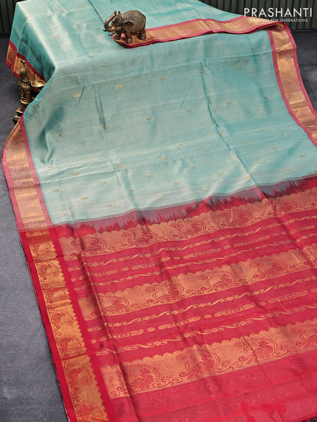 10 yards silk cotton saree dual shade of teal green and red with annam & paisley zari woven buttas and paisley & annam zari woven border without blouse