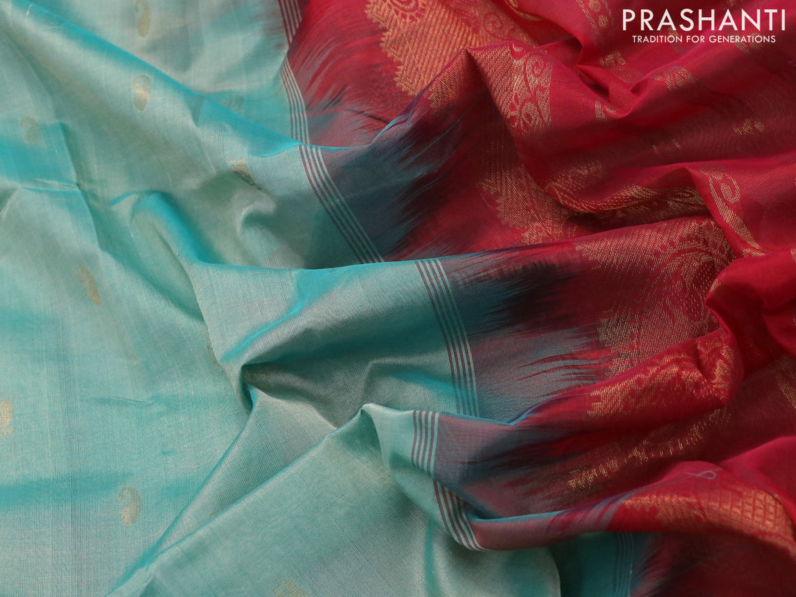10 yards silk cotton saree dual shade of teal green and red with annam & paisley zari woven buttas and paisley & annam zari woven border without blouse