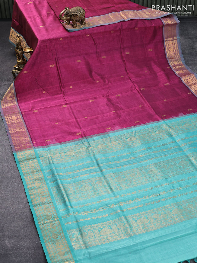 10 yards silk cotton saree dark magenta and teal blue with annam & rudhraksha zari woven buttas and paisley & annam zari woven border without blouse