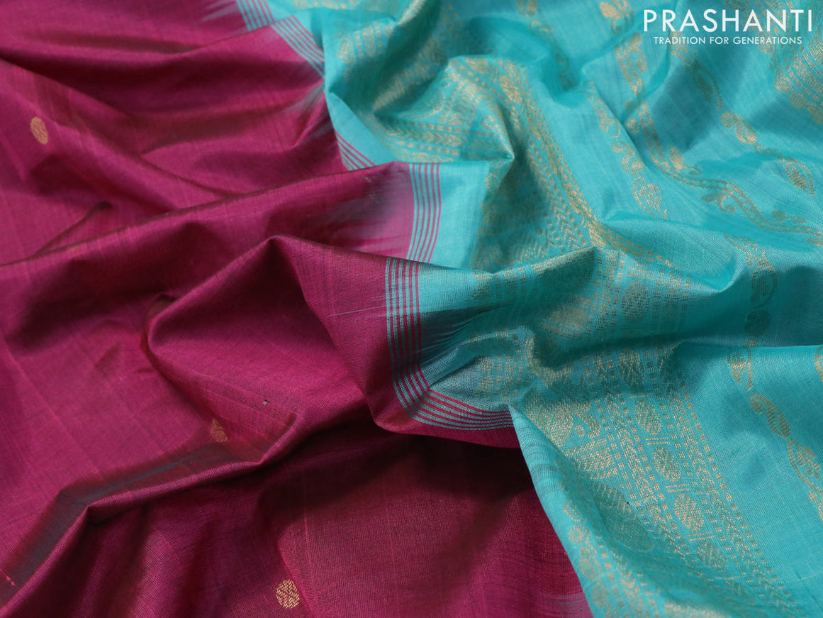 10 yards silk cotton saree dark magenta and teal blue with annam & rudhraksha zari woven buttas and paisley & annam zari woven border without blouse