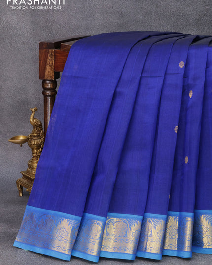 10 yards silk cotton saree blue and cs blue with rudhraksha zari woven buttas and temple & annam zari woven border without blouse