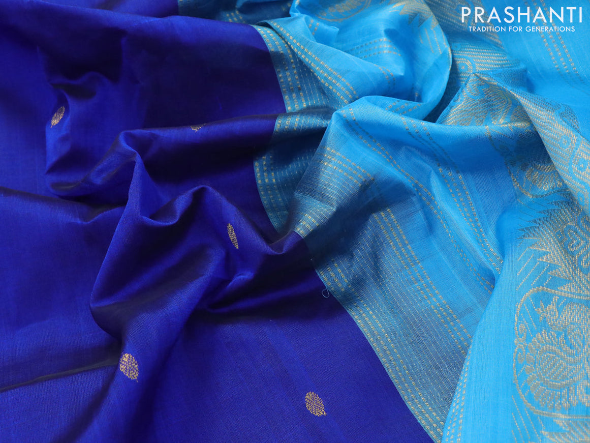 10 yards silk cotton saree blue and cs blue with rudhraksha zari woven buttas and temple & annam zari woven border without blouse