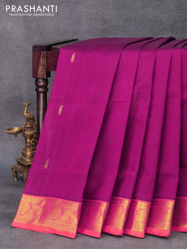 10 yards silk cotton saree dark magenta and dual shade of pinkish orange with paisley zari woven buttas and annam zari woven border without blouse