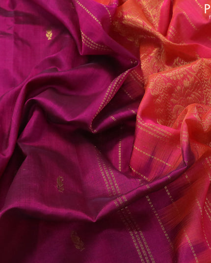 10 yards silk cotton saree dark magenta and dual shade of pinkish orange with paisley zari woven buttas and annam zari woven border without blouse