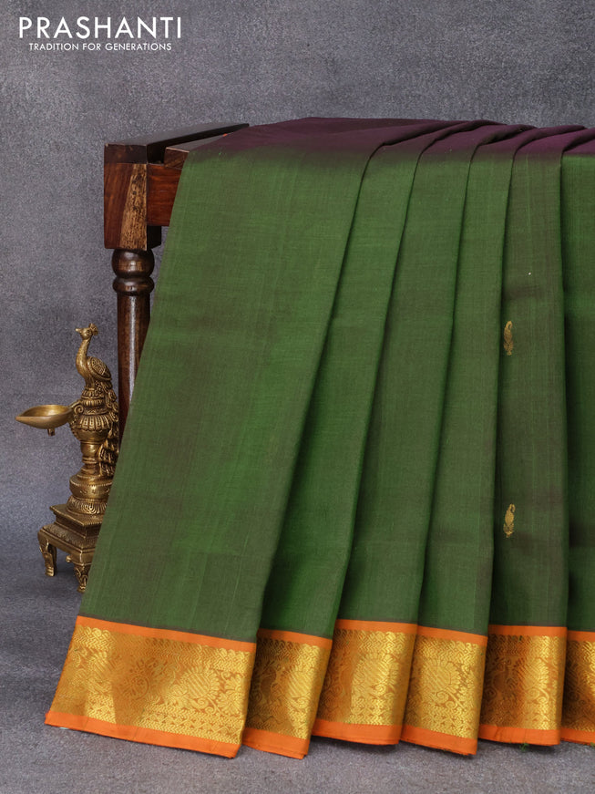 10 yards silk cotton saree sap green and orange with paisley zari woven buttas and annam zari woven border without blouse