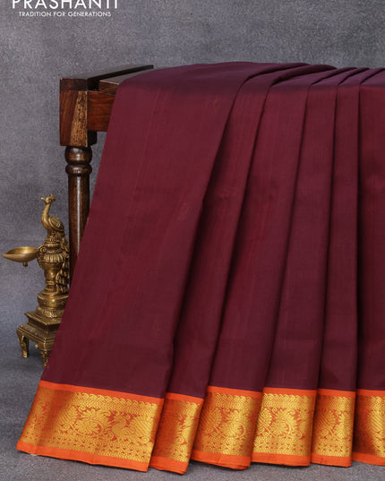 10 yards silk cotton saree deep maroon and orange with paisley zari woven buttas and annam zari woven border without blouse