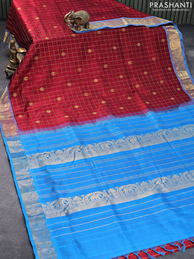 10 yards silk cotton saree maroon and cs blue with allover zari checks & buttas and zari woven border without blouse