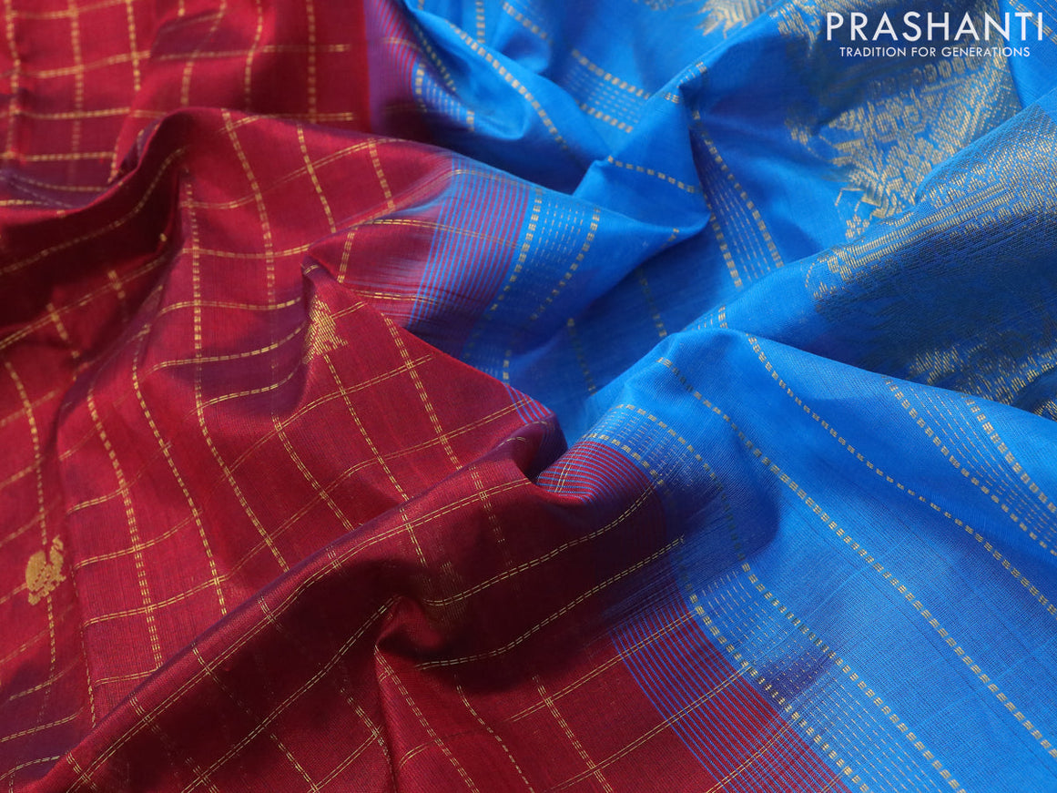 10 yards silk cotton saree maroon and cs blue with allover zari checks & buttas and zari woven border without blouse