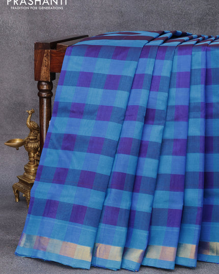 10 yards silk cotton saree blue and cs blue with paalum pazhamum checks and zari woven border without blouse