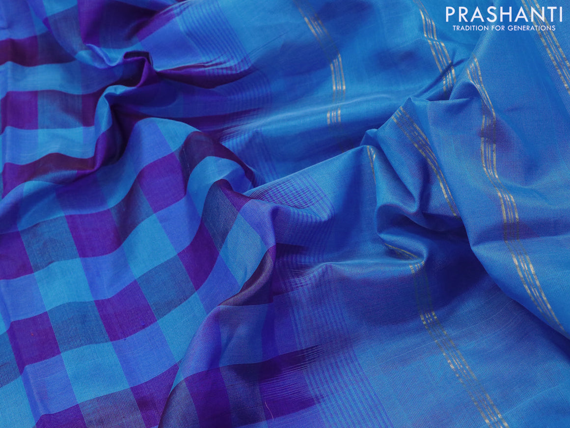 10 yards silk cotton saree blue and cs blue with paalum pazhamum checks and zari woven border without blouse