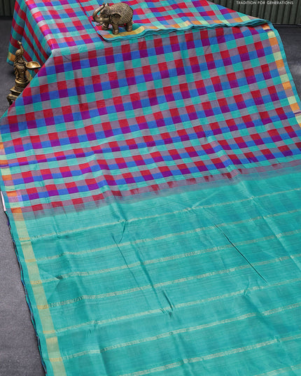10 yards silk cotton saree multi colour and teal blue with paalum pazhamum checks and zari woven border without blouse