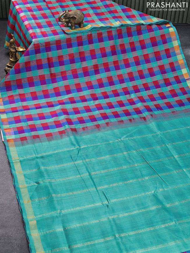 10 yards silk cotton saree multi colour and teal blue with paalum pazhamum checks and zari woven border without blouse