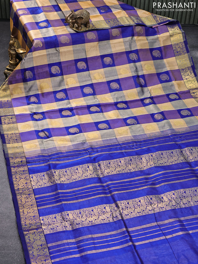 10 yards silk cotton saree multi colour and blue with paalum pazhamum checks & paisley zari buttas and annam zari woven border without blouse