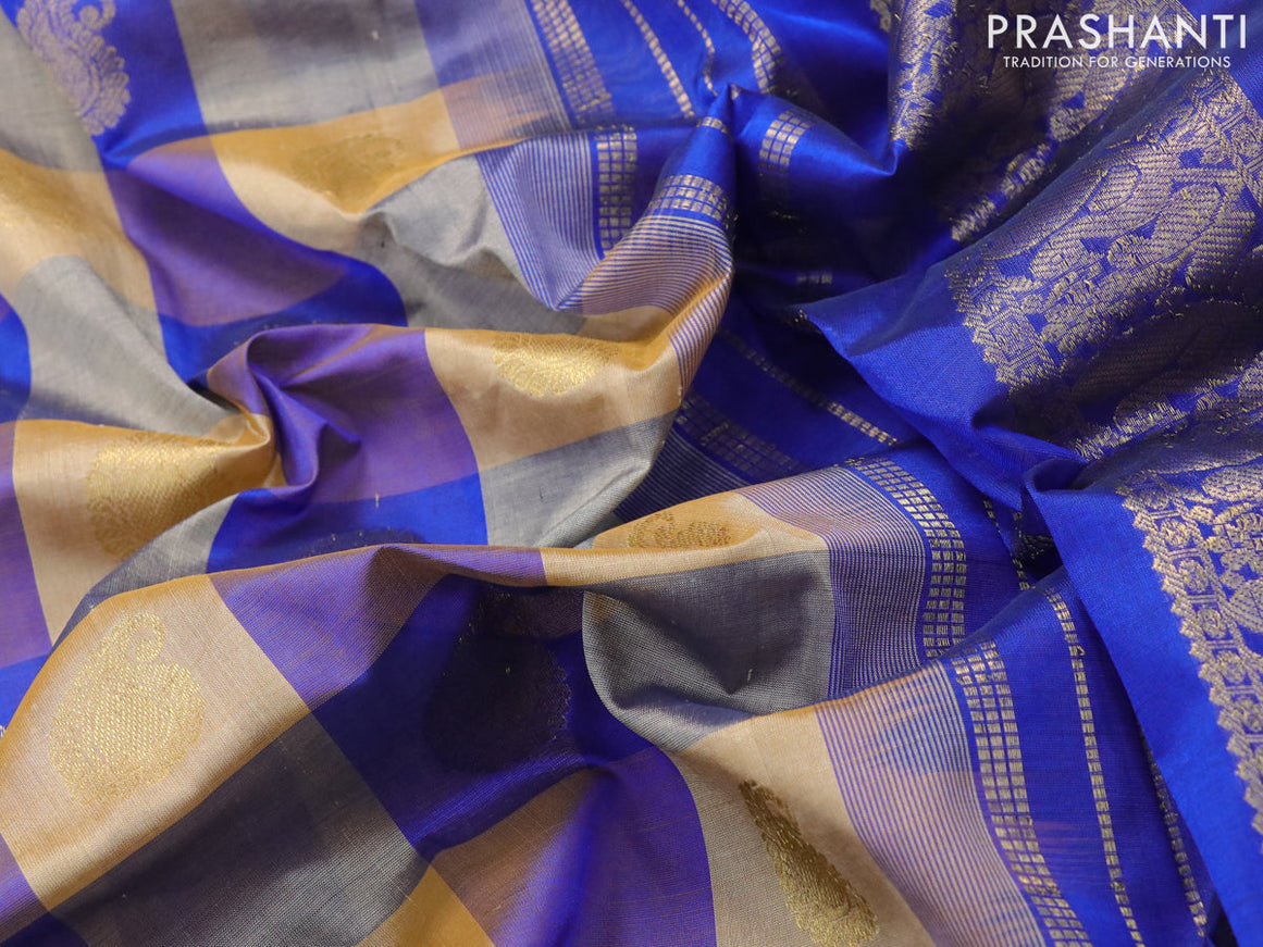 10 yards silk cotton saree multi colour and blue with paalum pazhamum checks & paisley zari buttas and annam zari woven border without blouse