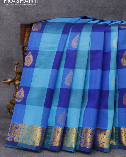 10 yards silk cotton saree light blue and cs blue with paalum pazhamum checks & zari buttas and annam zari woven border without blouse