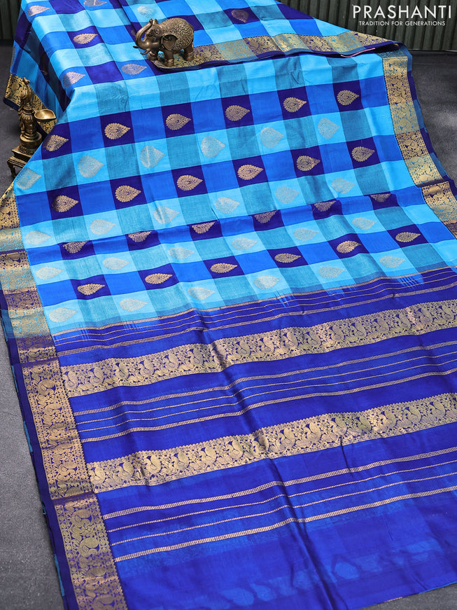 10 yards silk cotton saree light blue and cs blue with paalum pazhamum checks & zari buttas and annam zari woven border without blouse