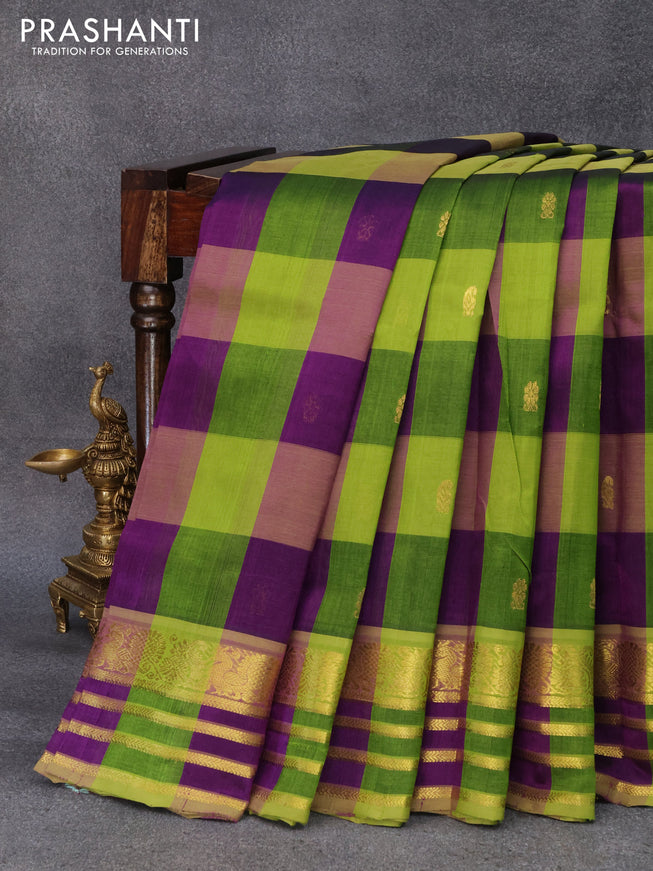 10 yards silk cotton saree purple and light green with paalum pazhamum checks & zari buttas and annam zari woven border without blouse