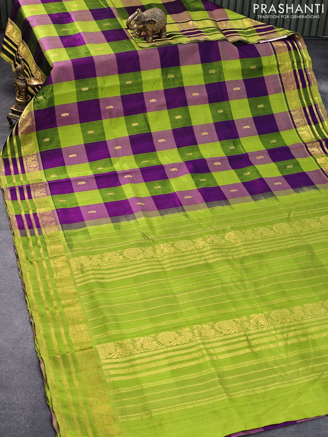 10 yards silk cotton saree purple and light green with paalum pazhamum checks & zari buttas and annam zari woven border without blouse