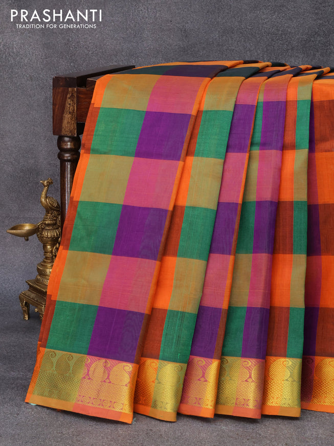 10 yards silk cotton saree multi colour and orange with paalum pazhamum checks & temple zari buttas and paisley zari woven border without blouse