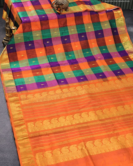 10 yards silk cotton saree multi colour and orange with paalum pazhamum checks & temple zari buttas and paisley zari woven border without blouse