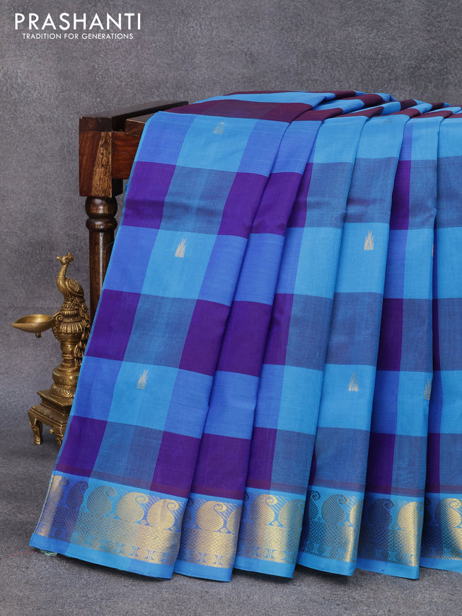 10 yards silk cotton saree blue and cs blue with paalum pazhamum checks & temple zari buttas and paisley zari woven border without blouse