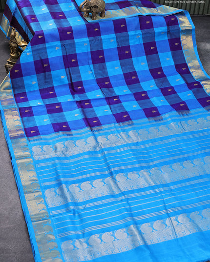 10 yards silk cotton saree blue and cs blue with paalum pazhamum checks & temple zari buttas and paisley zari woven border without blouse