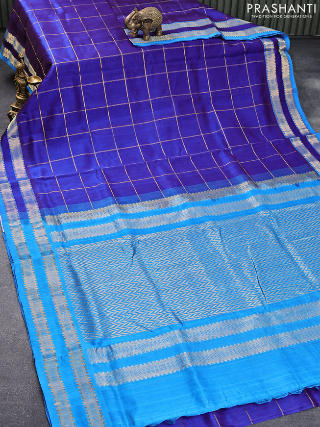 10 yards silk cotton saree cs blue and light blue with allover zari checks and rettapet zari woven border without blouse