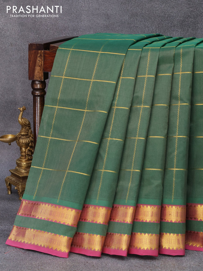 10 yards silk cotton saree green shade and pink with allover zari checks and rettapet zari woven border without blouse