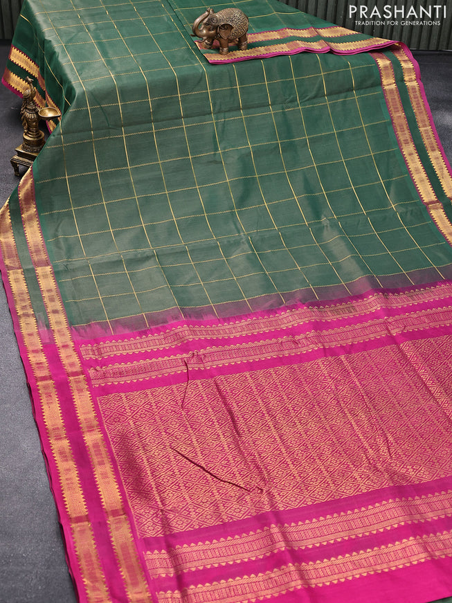 10 yards silk cotton saree green shade and pink with allover zari checks and rettapet zari woven border without blouse