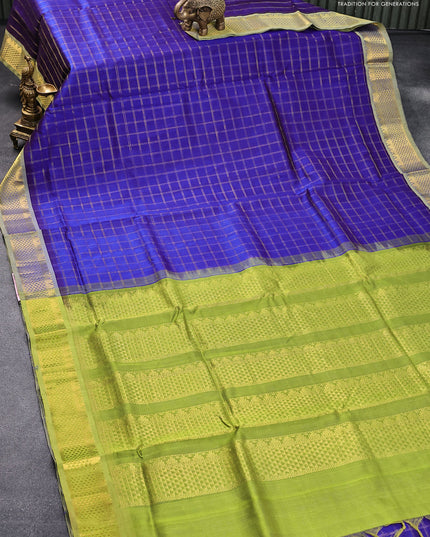 10 yards silk cotton saree blue and light green with allover zari checked pattern and zari woven border without blouse