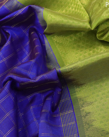 10 yards silk cotton saree blue and light green with allover zari checked pattern and zari woven border without blouse