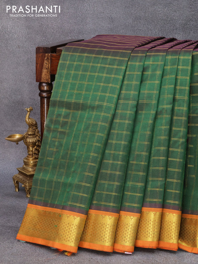 10 yards silk cotton saree dual shade of bottle green and orange with allover zari checked pattern and zari woven border without blouse
