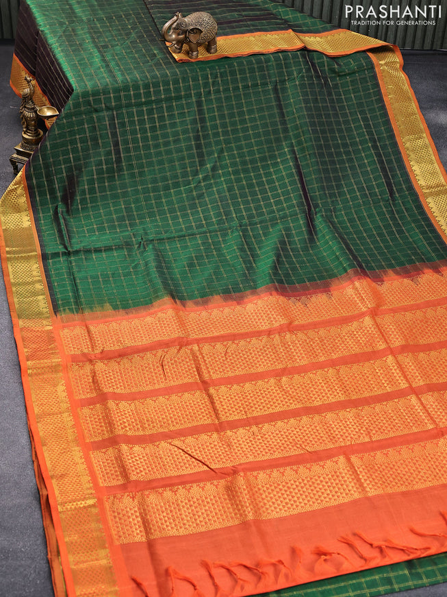 10 yards silk cotton saree dual shade of bottle green and orange with allover zari checked pattern and zari woven border without blouse
