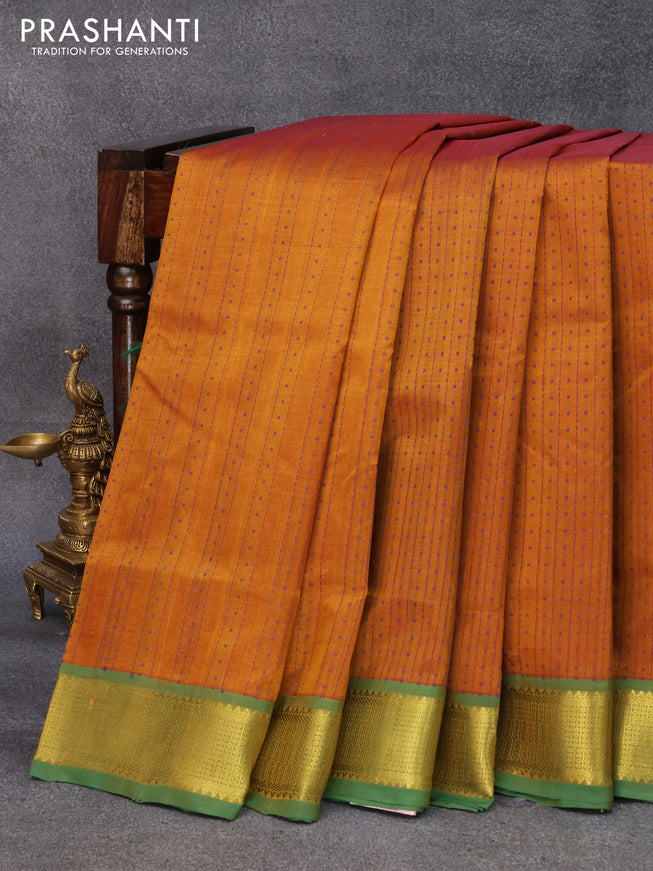 10 yards silk cotton saree honey shade and green with allover thread weaves and zari woven border without blouse