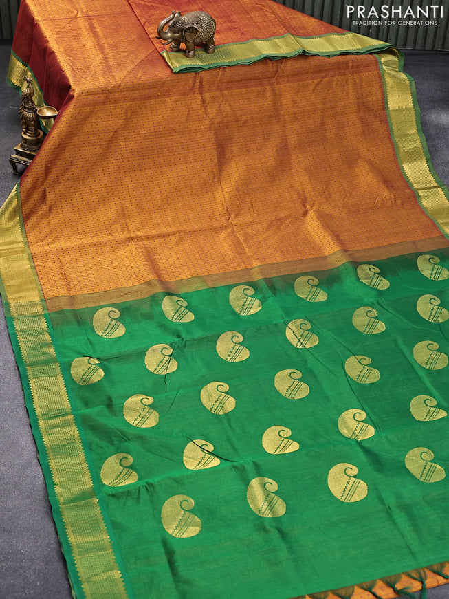 10 yards silk cotton saree honey shade and green with allover thread weaves and zari woven border without blouse