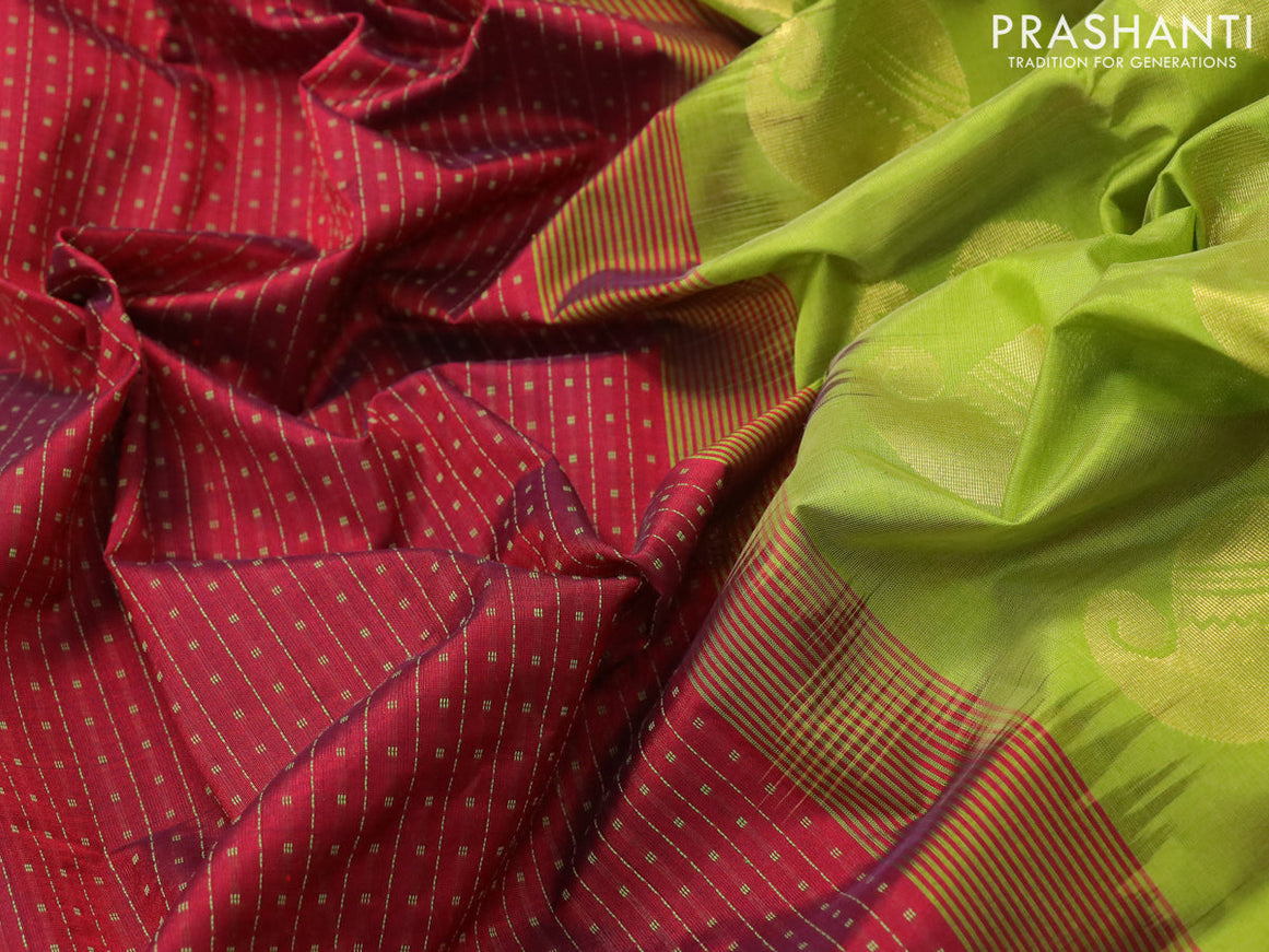 10 yards silk cotton saree maroon and mehendi green with allover thread weaves and zari woven border without blouse