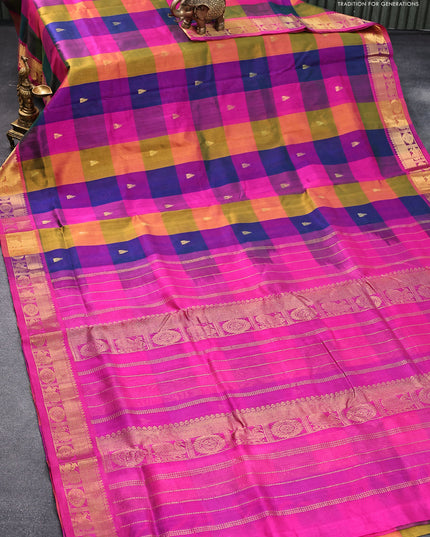 10 yards silk cotton saree multi colour and magenta pink with paalum pazhamum checks & zari buttas and annam & rudhraksha zari woven border without blouse