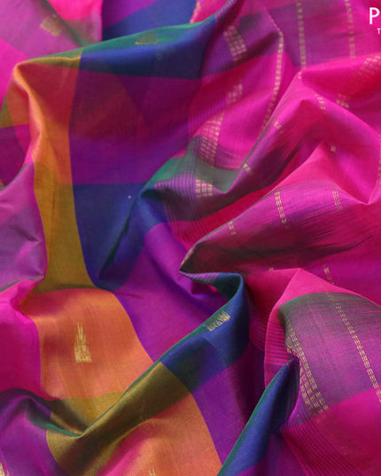 10 yards silk cotton saree multi colour and magenta pink with paalum pazhamum checks & zari buttas and annam & rudhraksha zari woven border without blouse