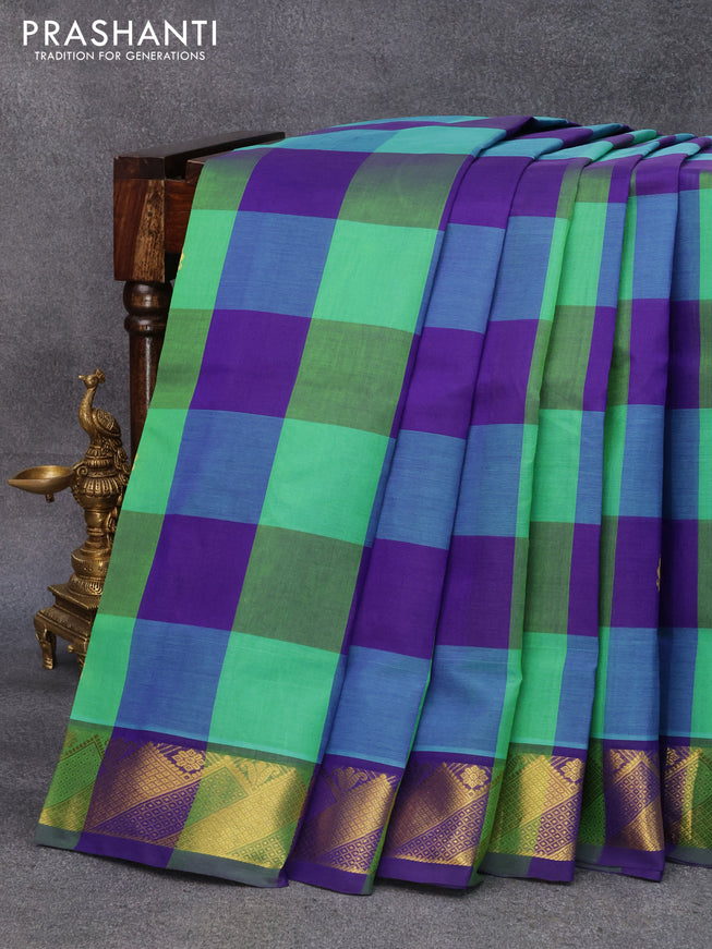 10 yards silk cotton saree green and blue with paalum pazhamum checks & zari buttas and zari woven border without blouse