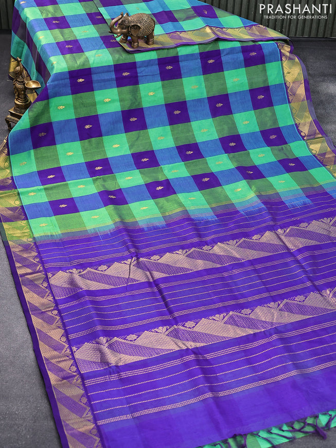 10 yards silk cotton saree green and blue with paalum pazhamum checks & zari buttas and zari woven border without blouse
