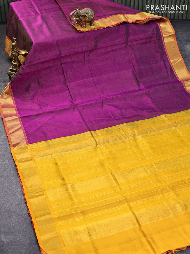 10 yards silk cotton saree purple and mango yellow with allover vairosi pattern and zari woven border without blouse