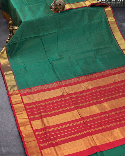 10 yards silk cotton saree green and red with allover vairosi pattern and zari woven border without blouse