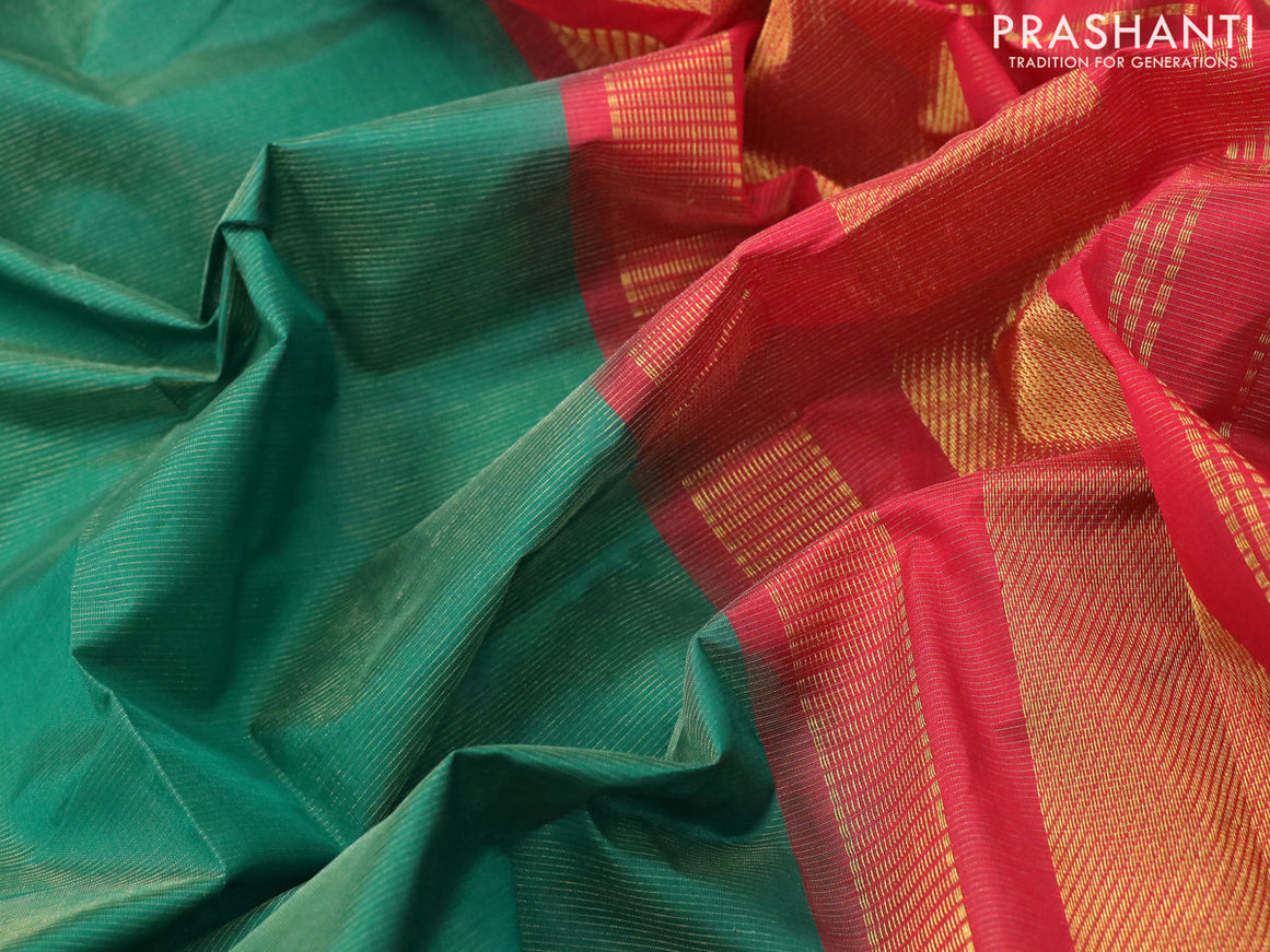 10 yards silk cotton saree green and red with allover vairosi pattern and zari woven border without blouse