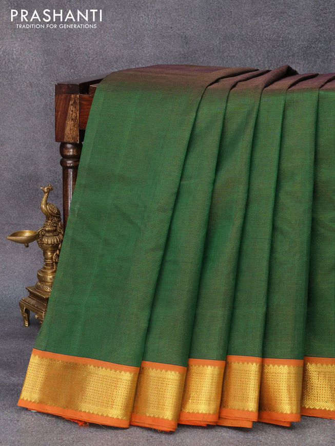 10 yards silk cotton saree green and orange with allover vairosi pattern and zari woven border without blouse