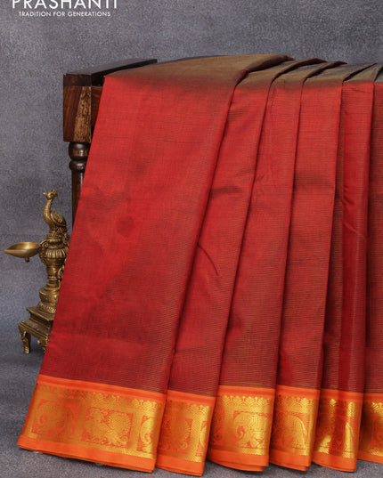10 yards silk cotton saree maroon and mustard yellow with allover vairosi pattern and annam & elephant zari woven border without blouse