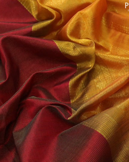 10 yards silk cotton saree maroon and mustard yellow with allover vairosi pattern and annam & elephant zari woven border without blouse